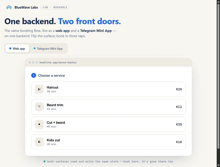 Bookable — booking flow as a web app and a Telegram Mini App